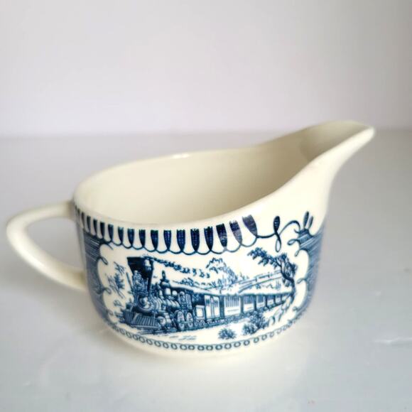 Vintage Royal China Creamer Blue Cream Currier & Ives Express Train Railroad USA - Picture 2 of 10